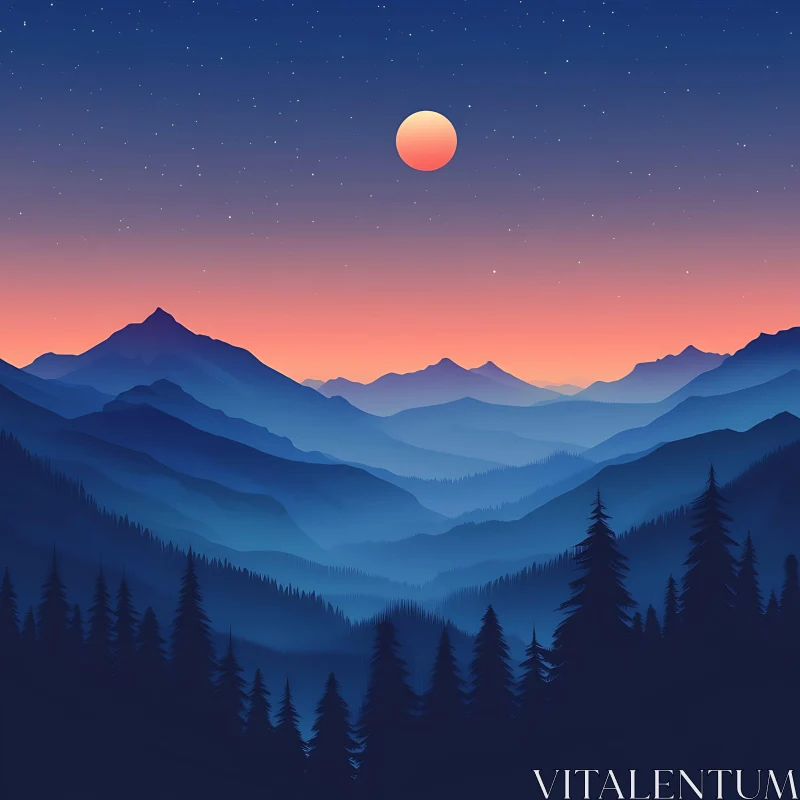 Peaceful Mountain Sunset Illustration AI Image