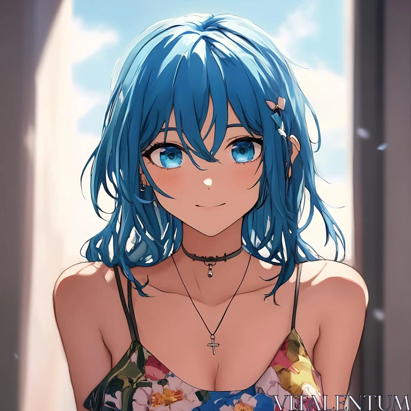 AI ART Blue Haired Anime Girl in Floral Attire