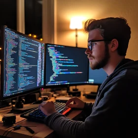Man Coding on Dual Monitors