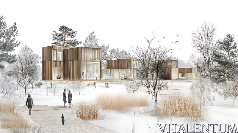 Contemporary Buildings in Snowy Woods AI Image