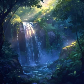 Tranquil Forest Waterfall with Sunlit Foliage