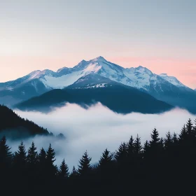 Snowy Peaks Emerging From Fog