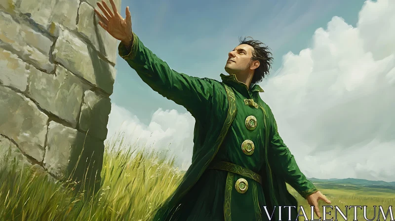 AI ART Green Coat Man by Ancient Wall