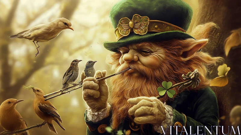 Whimsical Leprechaun and Bird Symphony AI Image