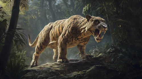 Saber-Toothed Cat Portrait in Lush Forest