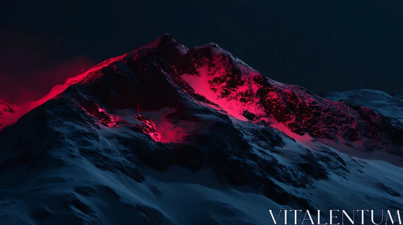 Snowy Mountain Illuminated by Pink Light AI Image