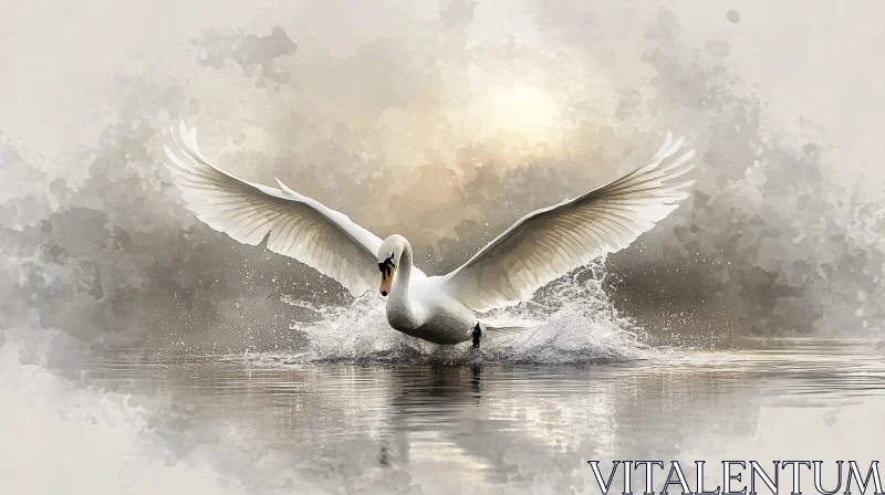 AI ART Majestic Swan with Wings Spread over a Calm Lake