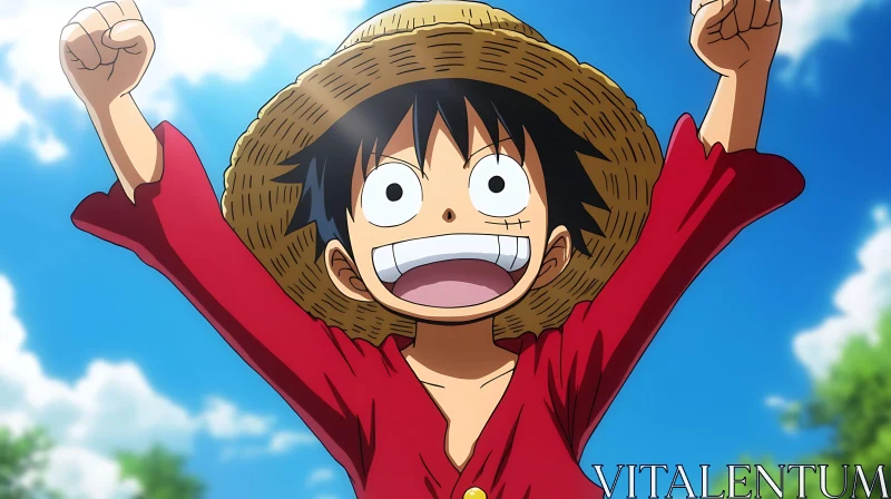 Happy Anime Character with Raised Arms and Straw Hat AI Image