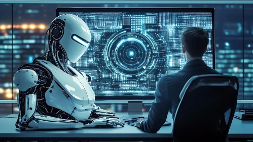 Futuristic Office Scene with Robot Assistant