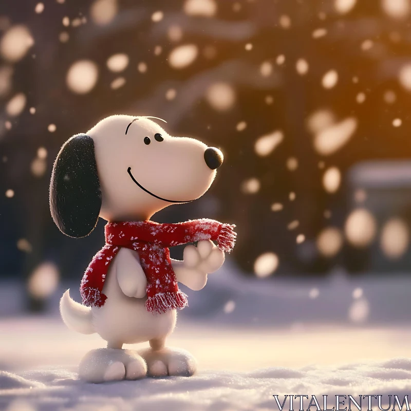 Happy Cartoon Dog in Snowy Winter Scene AI Image