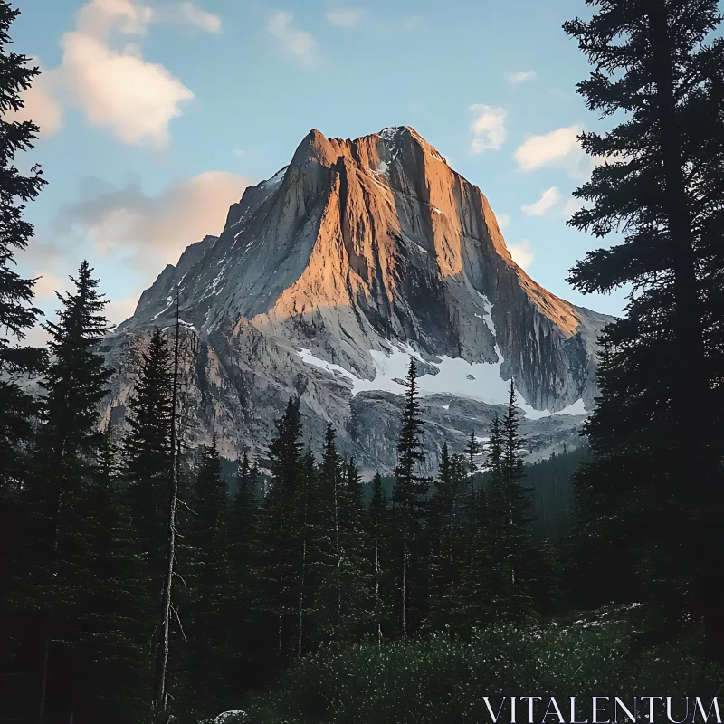 Sunlit Mountain Vista with Evergreen Trees AI Image