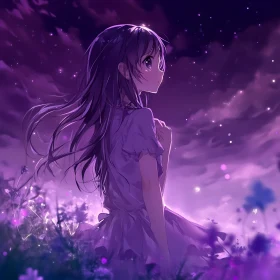 Serene Anime Scene with Purple Night Sky