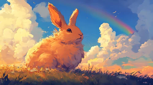 Dreamy Rabbit in Field with Rainbow