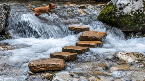 Dog Jumping Over Waterfall Stones