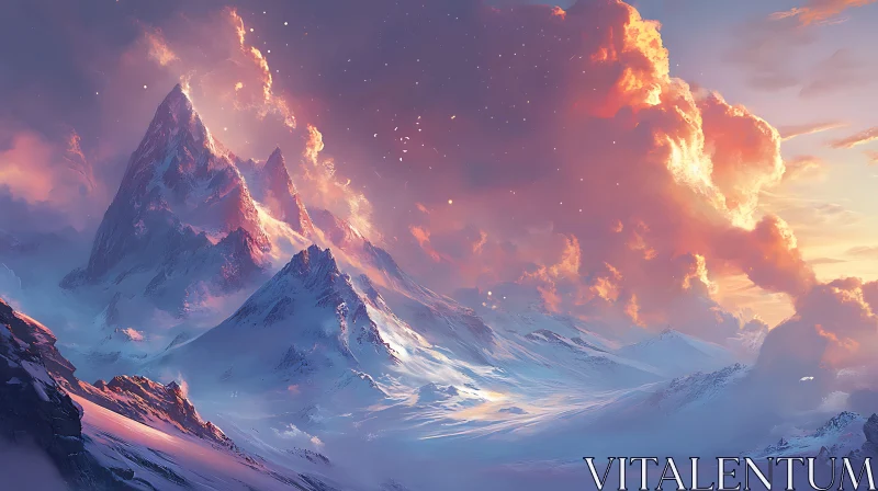 AI ART Pink Clouds Over Snow-Capped Peaks