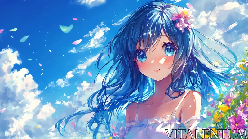 AI ART Anime Girl with Blue Hair and Flowers