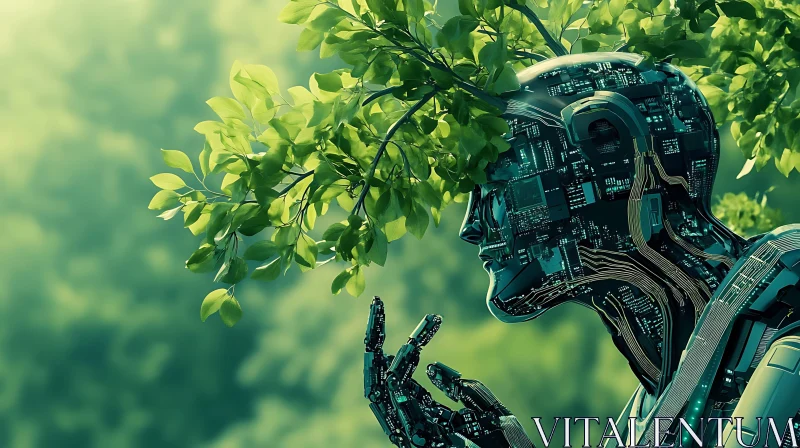 Robotic Figure in Greenery AI Image