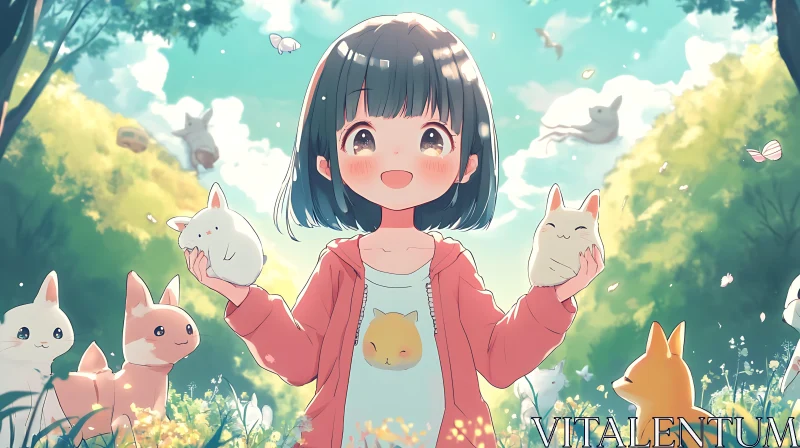 AI ART Anime Girl Forest Friends