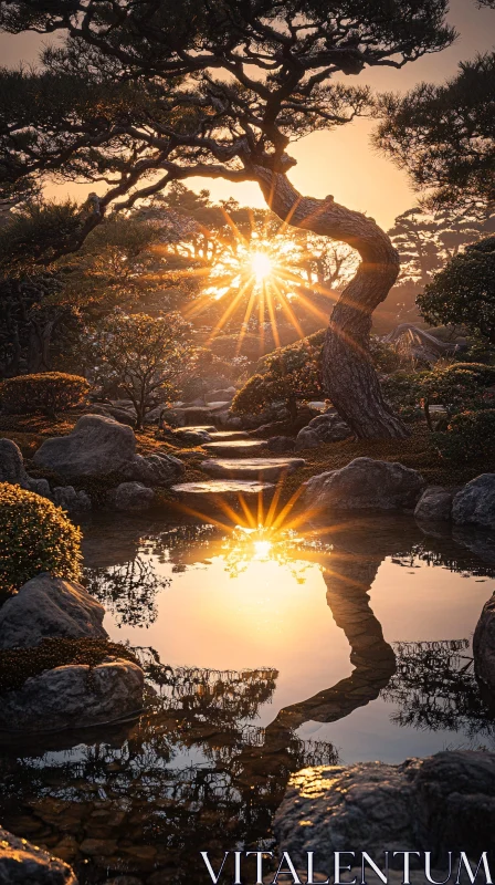 Tranquil Sunset Garden Scene with Tree and Pond Reflection AI Image