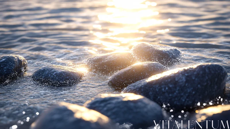 Shimmering Shoreline Rocks AI Image