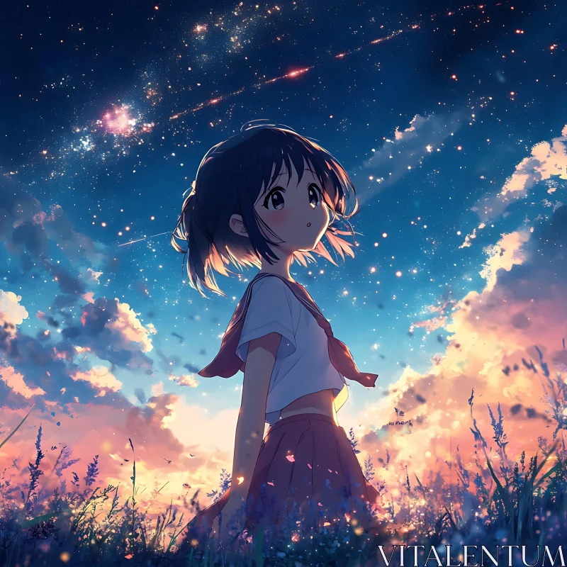 Starry Night Anime Scene with Girl AI Image