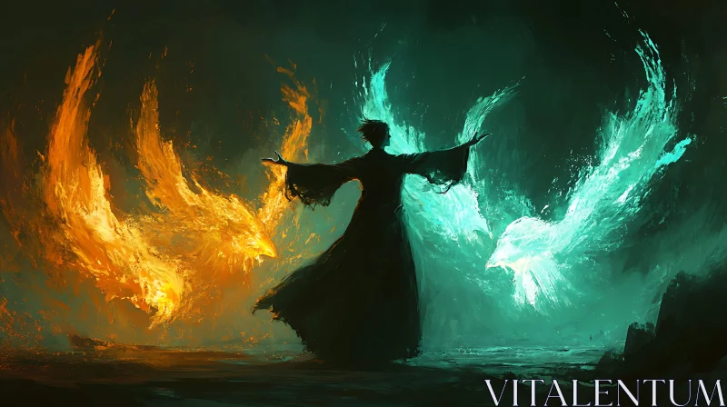 AI ART Mystic Figure with Fiery and Icy Phoenixes