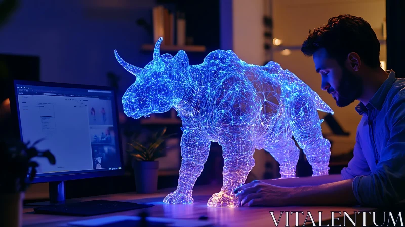 AI ART Glowing Wireframe Rhino with Man