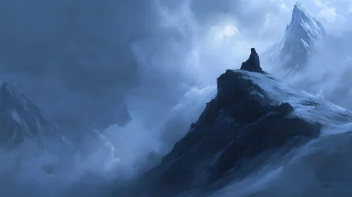 Figure on Snowy Mountain Under Clouds