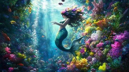 Mystical Mermaid and Coral Reef Scene