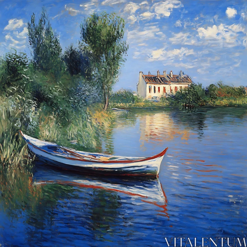 Calm Waters and a Boat by the Shore AI Image