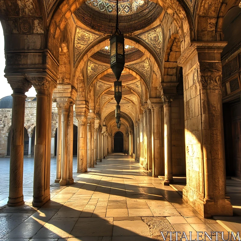 Elegant Sunlit Hallway with Arched Ceilings AI Image