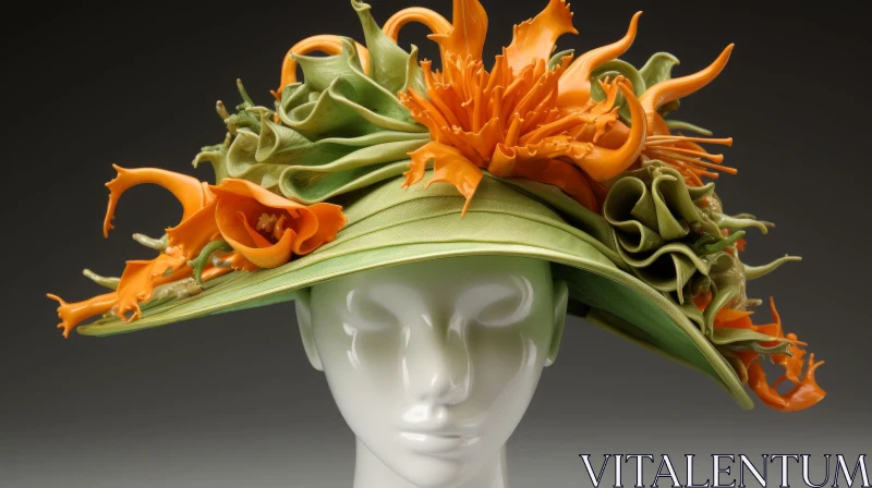 Floral Hat on Mannequin | Vibrant Orange and Green Flowers AI Image
