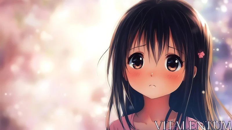 AI ART Sad Anime Girl with Dark Hair and Flower Hairpin