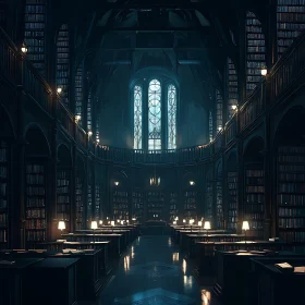 Mysterious Library with Bookshelves and Window