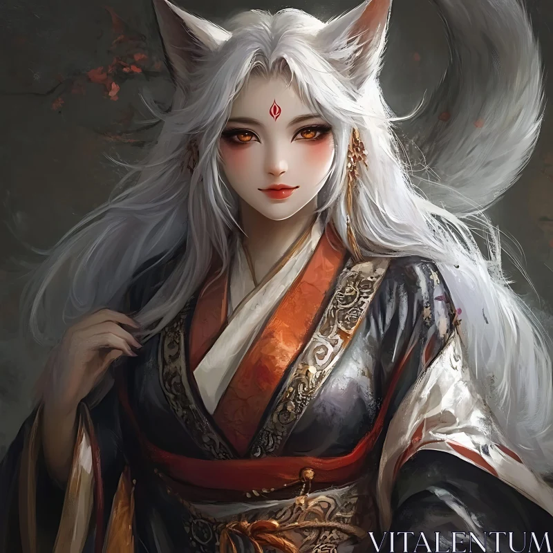 AI ART Mystical Fox Girl Illustration in Traditional Attire