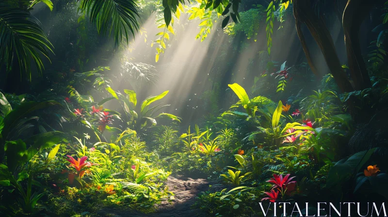 AI ART Sunlit Tropical Foliage in Dense Forest