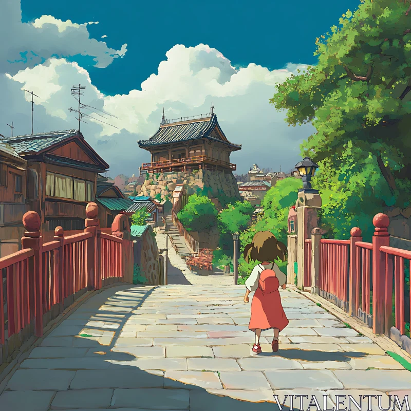 Anime Village Bridge with Girl AI Image