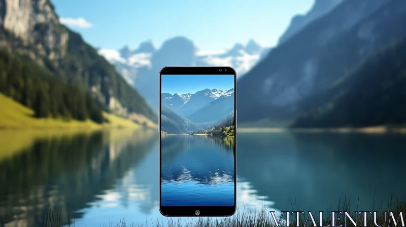 Mountains Reflected on Phone Screen AI Image