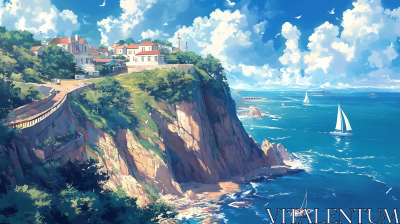 AI ART Seaside Village with Sailboats Artwork