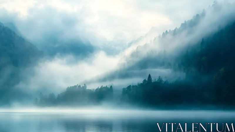 AI ART Tranquil Mountain Lake in Fog