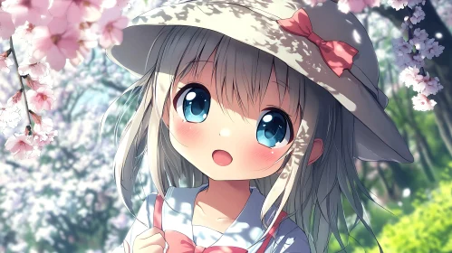 Anime Girl with Hat and Cherry Blossoms