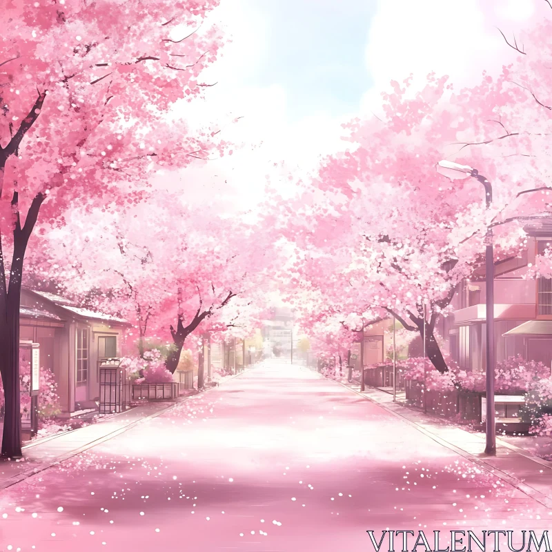 Serene Cherry Blossom-Lined Street AI Image