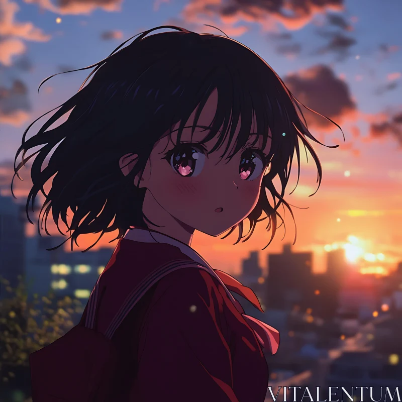 Sunset Anime Girl Cityscape Illustration AI Image