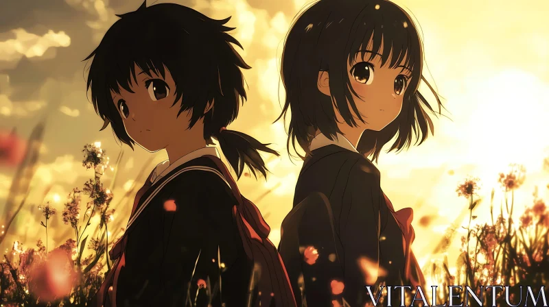 Contemplative Anime Girls at Sunset AI Image