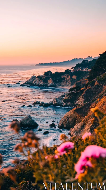 AI ART Sunset Coastline with Wildflowers