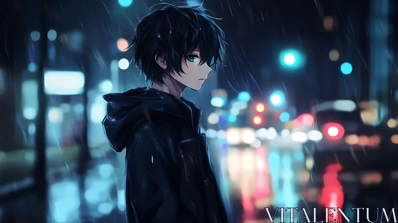 AI ART Anime Character in Rainy Night City