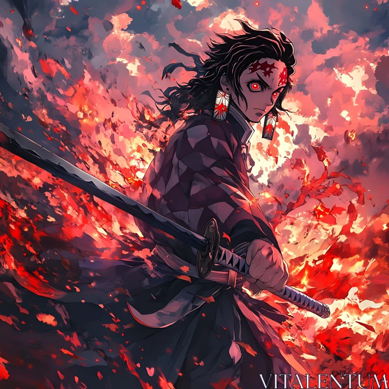 Fierce Anime Samurai Enveloped in Flames AI Image