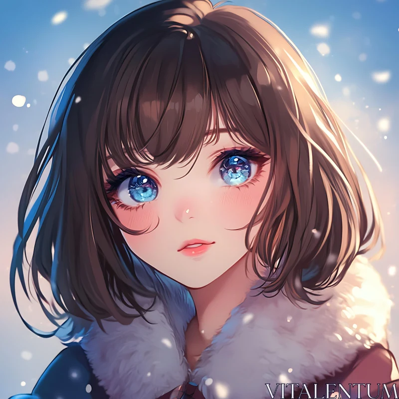 Anime Girl in Snowy Setting with Enchanting Blue Eyes AI Image