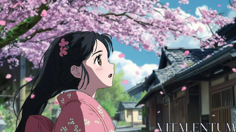 Springtime Anime Scene with Cherry Blossoms AI Image