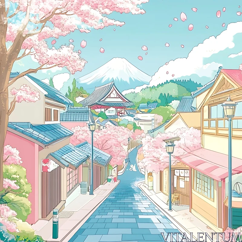 Anime Cherry Blossom Street with Mountain View AI Image